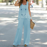 Sleeveless Top Elastic High Waist Pants Two Piece Set